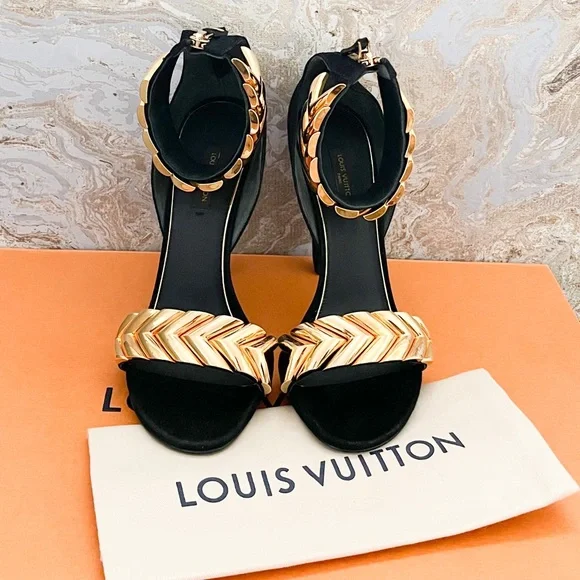 New! Louis Vuitton Black Gold V Symphony Heel Sandals